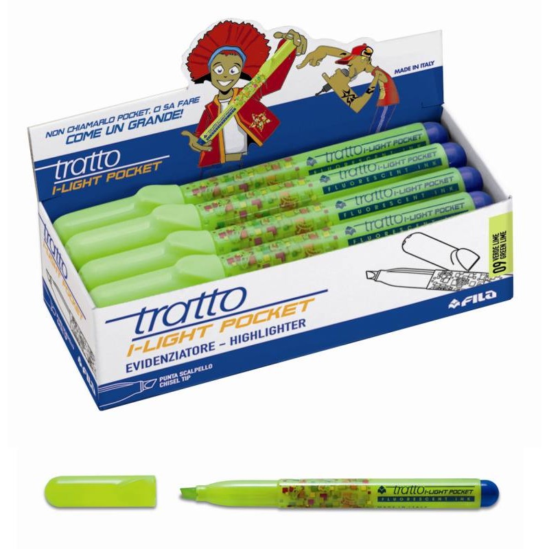 Evidenziatore Tratto I-Light Pocket Lime - Punta Scalpello 5,0mm, Traccia 1-5mm - Confezione da 12 Pezzi di Fila