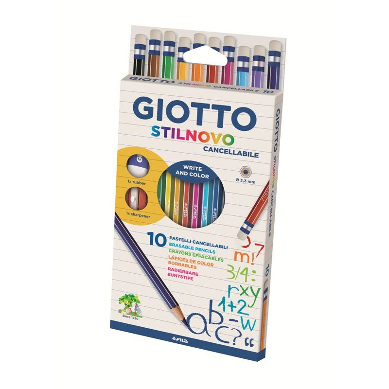 Astuccio 10 Giotto Stilnovo con Gomma su Cappuccio, Maxigomma e Temperino di Fila