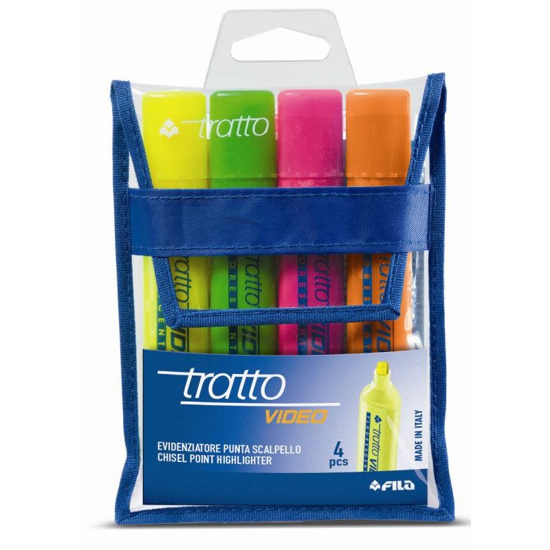 Busta 4 Evidenziatori Tratto Video Colori Assortiti - Punta a Scalpello di Fila