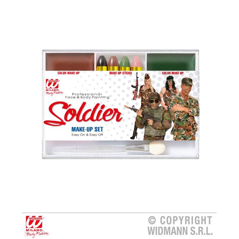 Set Trucco Soldato (4 Matite Trucco, Makeup Marrone e Verde in Vaschetta, Applicatore) di Widmann