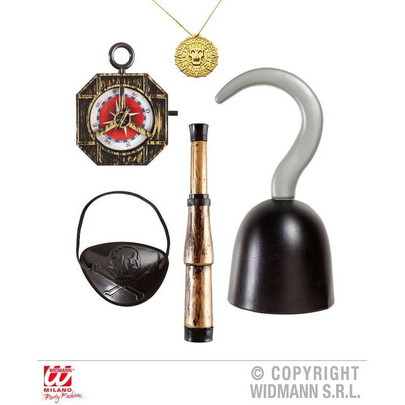 Accessori Pirata (Uncino. Bussola. Cannocchiale. Benda per Occhio. Collana con Medaglione) di Widmann