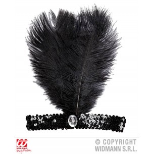 Fascia Nera in Paillettes con 2 Piume e Gemma di Widmann