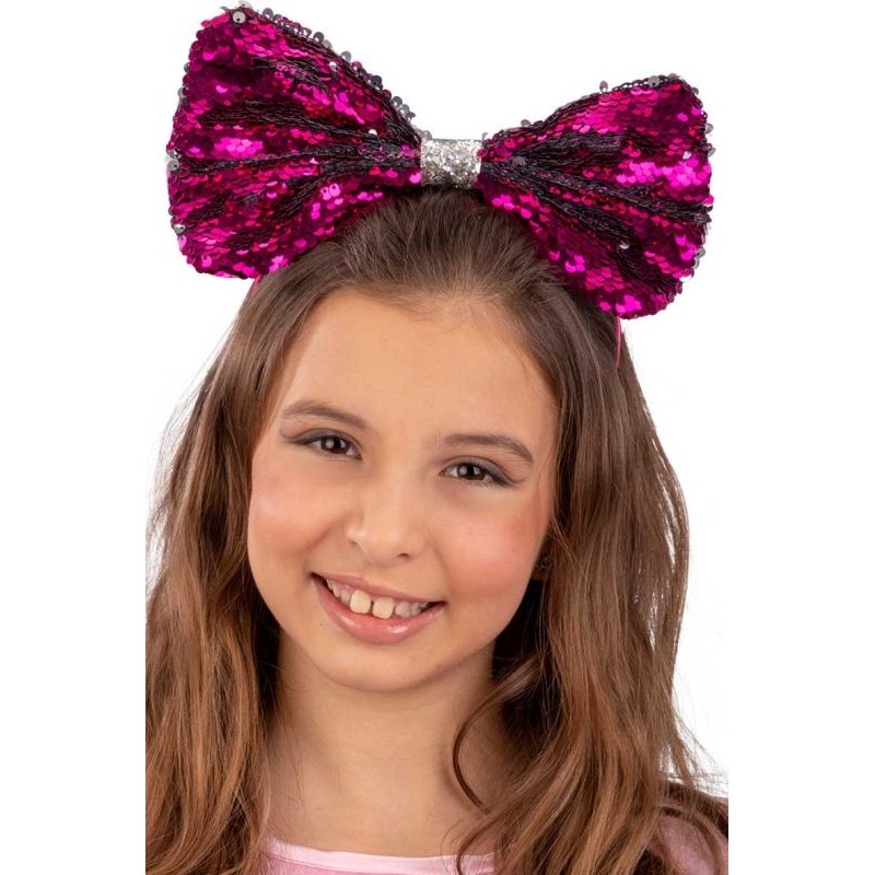 Cerchietto Fiocco Fucsia/Argento con Paillettes Reversibili su Cartoncin di Carnival-Toys