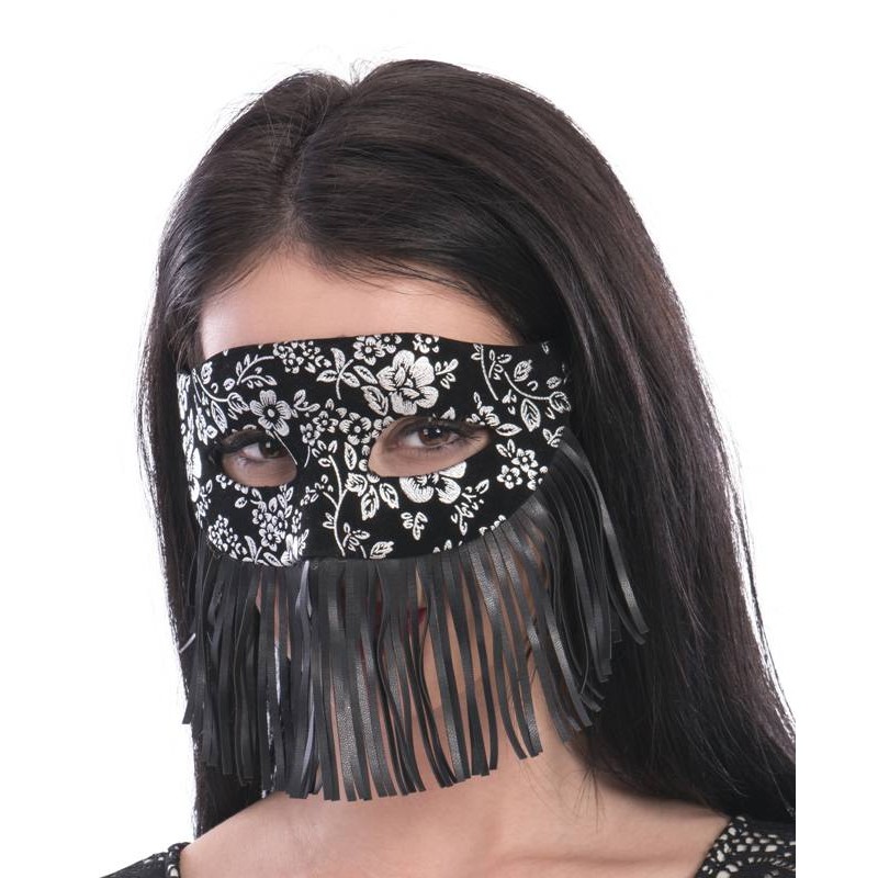 Maschera in Plastica con Vellutino Nero Damascato Argento e Frange in Busta C/Cav. di Carnival-Toys