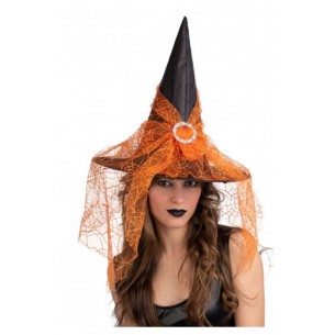 Cappello Strega Nero in Tessuto Plastificato con Voile Arancione H.Cm.35 di Carnival-Toys