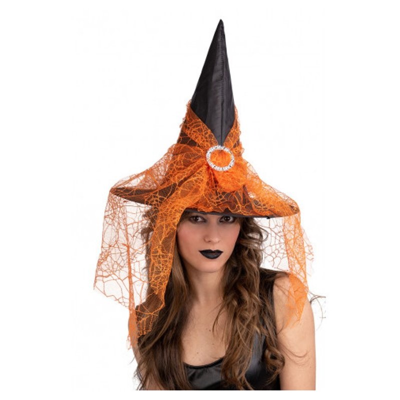 Cappello Strega Nero in Tessuto Plastificato con Voile Arancione H.Cm.35 di Carnival-Toys