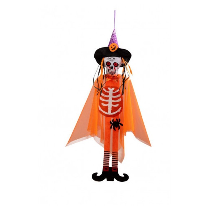Scheletro Arancione D'Appendere H.Cm.90 Ca. in Feltro C/Cappello C/Carte di Carnival-Toys