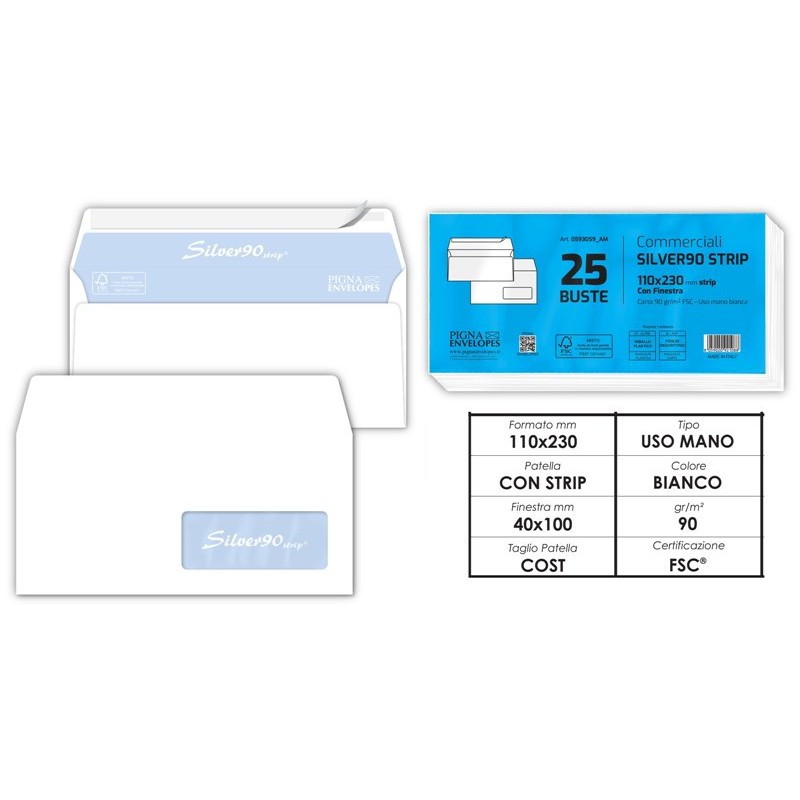 Conf. 25 Buste Bianche 11x23cm 90g/M2 con Strip con Finestra di Pigna