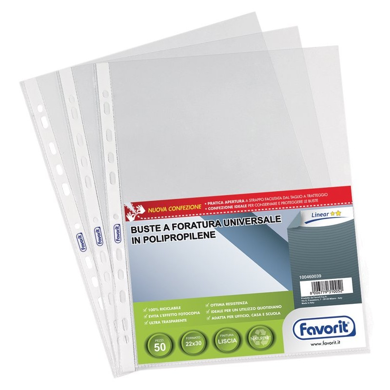 Busta Foratura-Universale Favorit Cf50 22x30 Polipropilene Liscio Linear Trasparente di Hamelin Canson