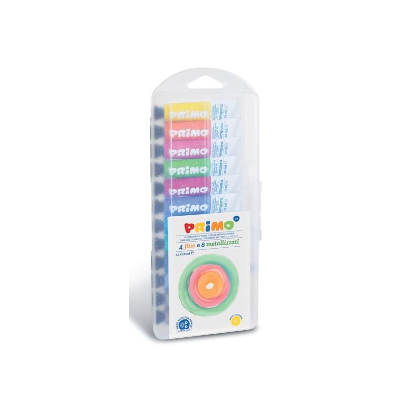 12 Colori a Tempera Tubetti Alluminio da 12ml in Scatola Polipropilene. 4 Fluo + 8 Metal. di Morocolor