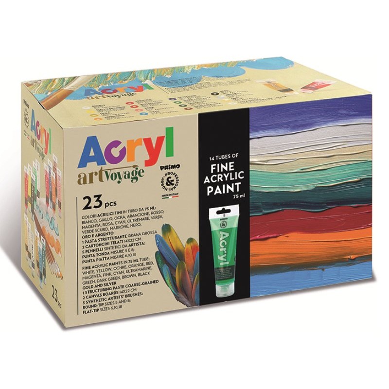 Mega Box Acryl 16 Colori Acrilici X 75ml, 2 Cartoncini Telati, 5 Pennelli Sintetici. di Morocolor