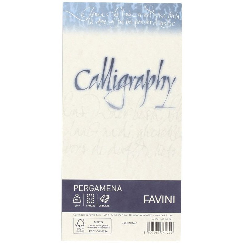 Confezione Fa 25 Buste Pergamena Calligraphy 11x22 90 Gr Sabbia di Favini