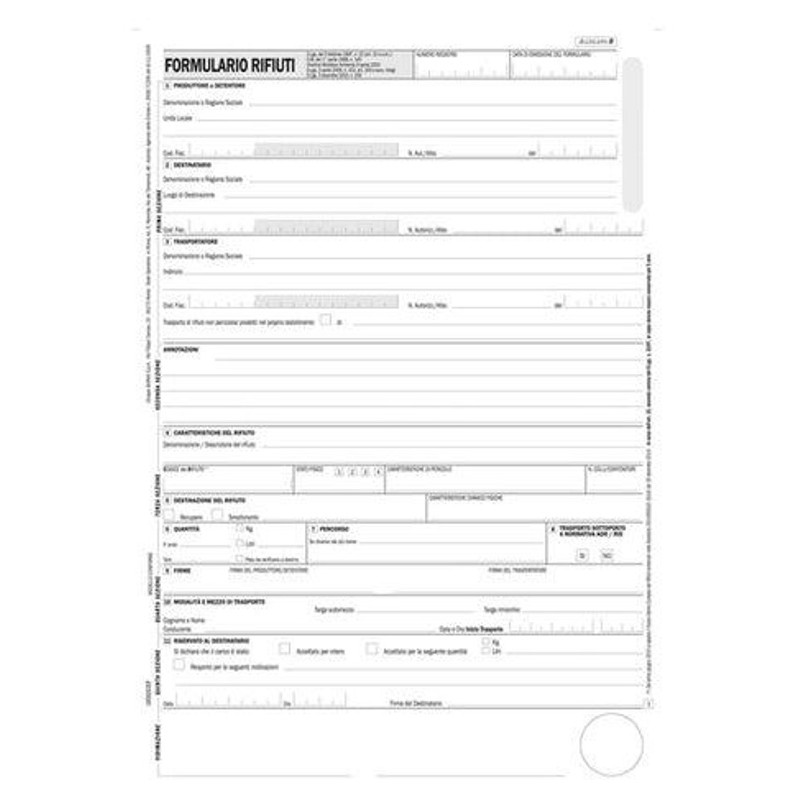 Formulario di Identificazione Rifiuti Trasportati, Snap Out a 4 Copie Autoricalcanti (Misura 31x21 Cm) di Data Ufficio