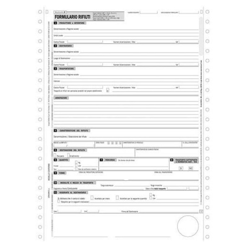 Formulario di Identificazione Rifiuti Trasportati, Modulo Continuo a 4 Copie Autoricalcanti (Misura 12x24) di Data Ufficio