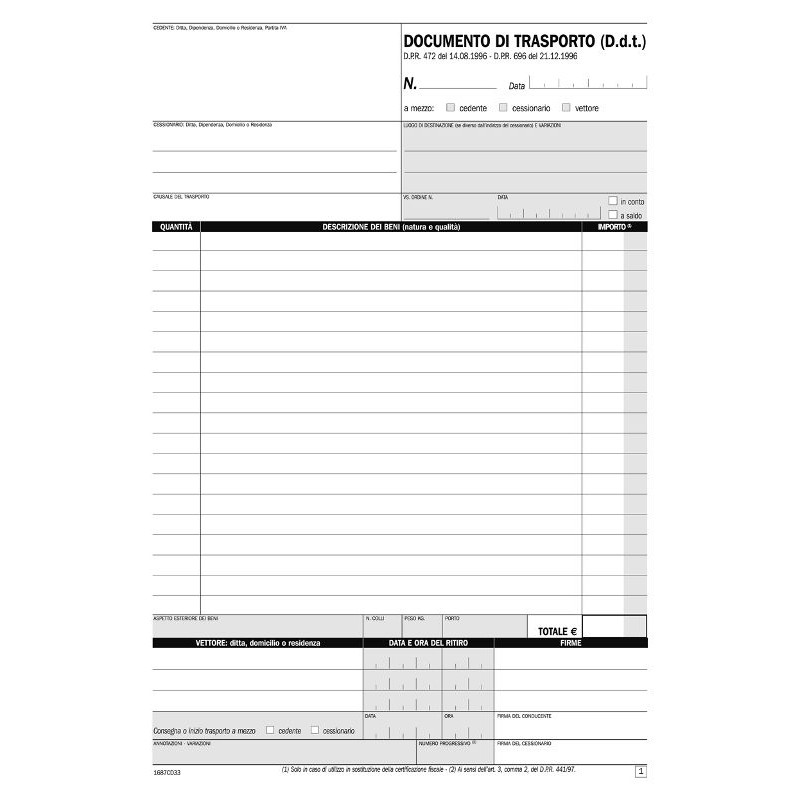 Documento di Trasporto, Blocco di 33/33/33 Copie Autoricalcanti (Misura 29,7x21,5 Cm) di Data Ufficio