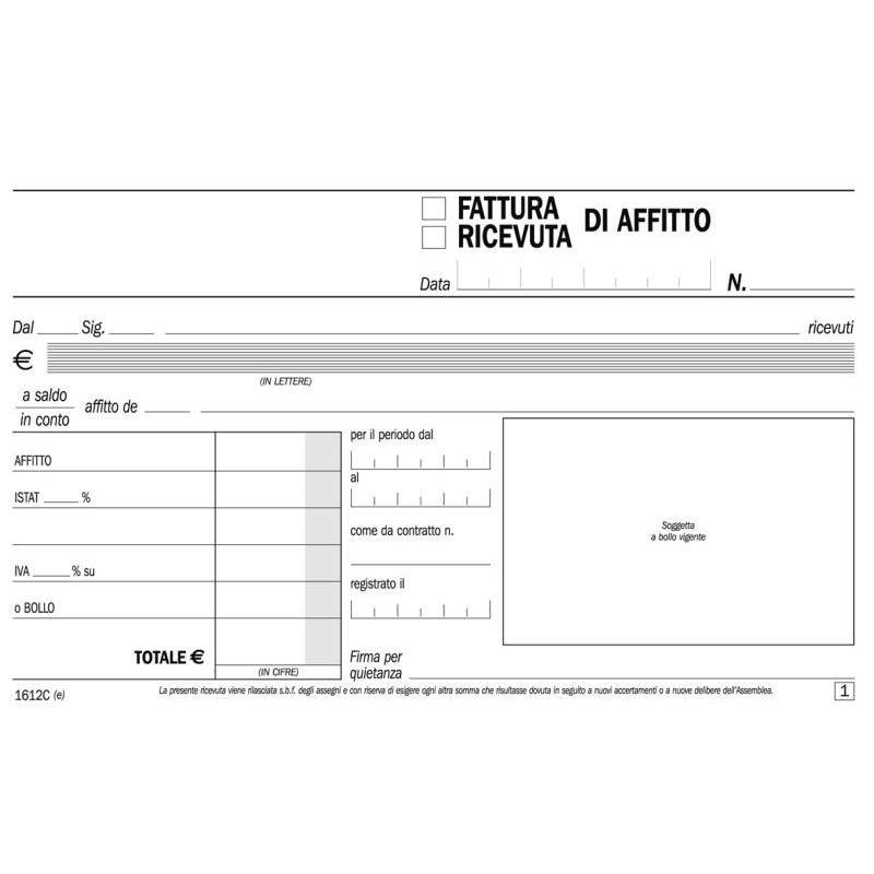 Ricevute - Fatture di Affitto, Blocco di 50/50 Copie Autoricalcanti (Misura 10x16,8 Cm) di Data Ufficio