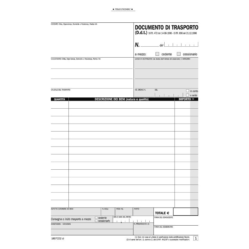 Documento di Trasporto, Blocco di 50/50 Copie Autoricalcanti (Misura 21,5x14,8 Cm) di Data Ufficio