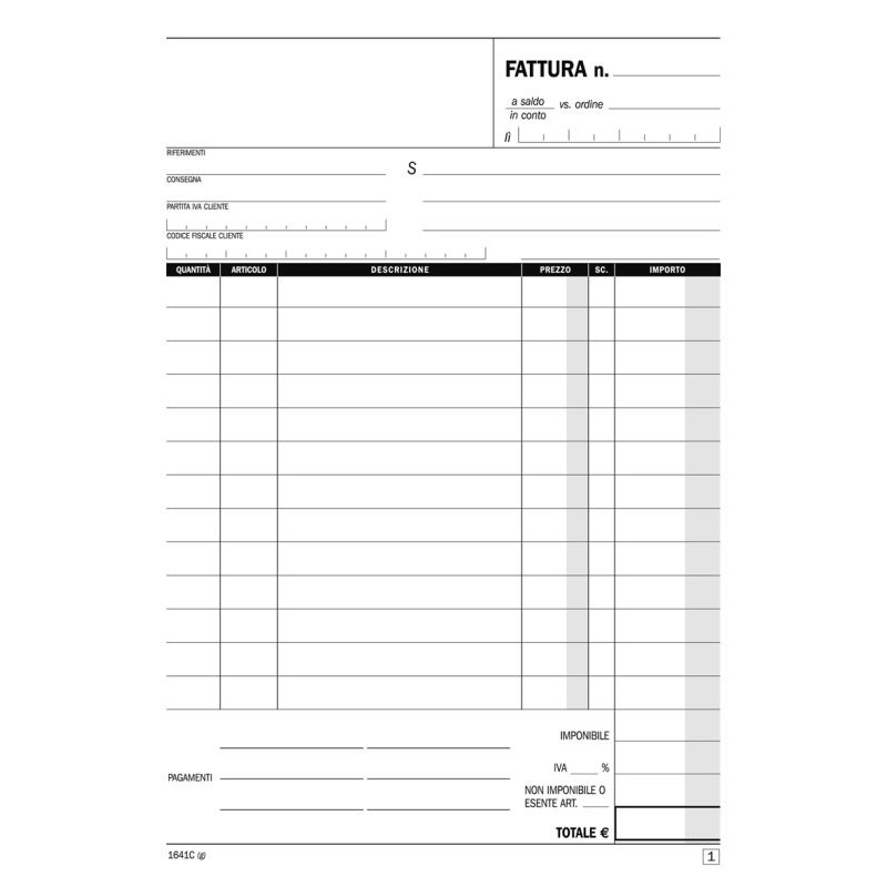 Fatture ad 1 Aliquota, Blocco di 50/50 Copie Autoricalcanti (Misura 21,5x14,8 Cm) di Data Ufficio