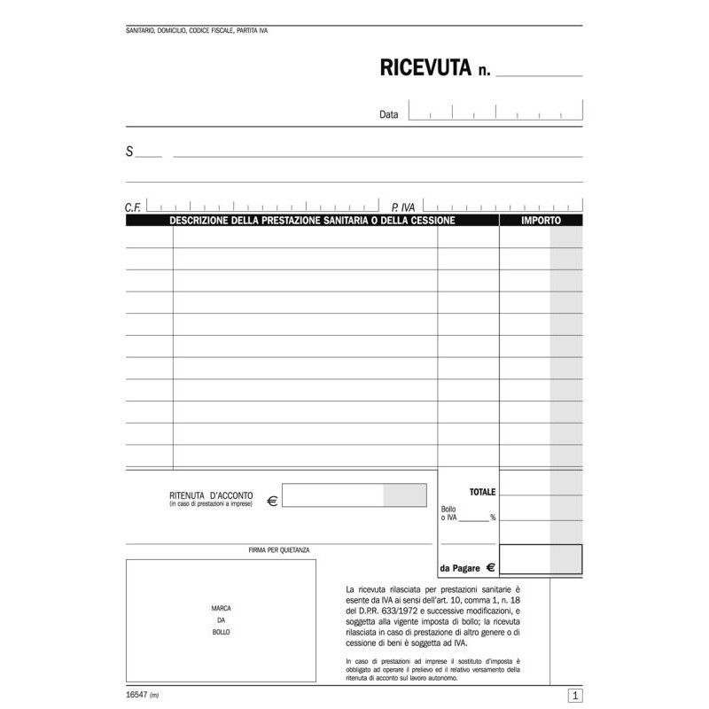 Ricevute Sanitarie Registro degli Onorari e delle Fatture, Blocco di 50/50 Copie Autoricalcanti (Misura 21,5x14,8 Cm)