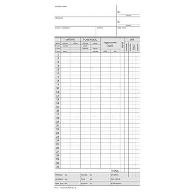 Scheda Orologio Presenze (Controllo Mensile), Cartoncino da 275 Gr. (Misura 22,5x10,4 Cm) di Data Ufficio