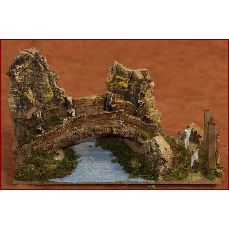 Ponte su Fiume Cm. 20x14x12 in Resina con Pecore di Rossi-Rosa