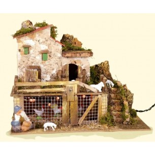 Ambiente con Luci Cm. 28x15x22 C/Galline e Benino Cm.10 di Rossi-Rosa