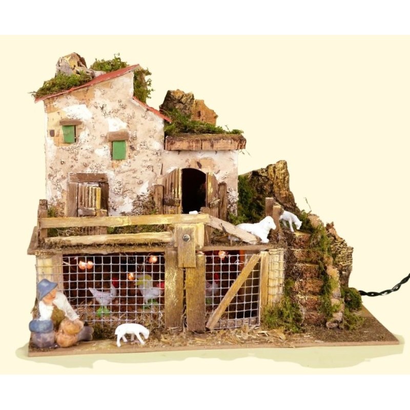 Ambiente con Luci Cm. 28x15x22 C/Galline e Benino Cm.10 di Rossi-Rosa