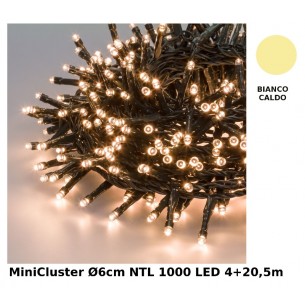 Catena Nastro Minicluster O6cm Ntl 1000 Led Bianco Caldo 5mm Controller 8g Timer Trasformatore Esterno Cavo Verde 4+20,5m