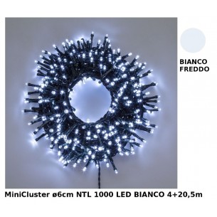Catena Nastro Minicluster Diametro 6cm Ntl 1000 Led Bianco 5mm Controller 8g Timer Trasformatore Esterno Cavo Verde 4+20,5m
