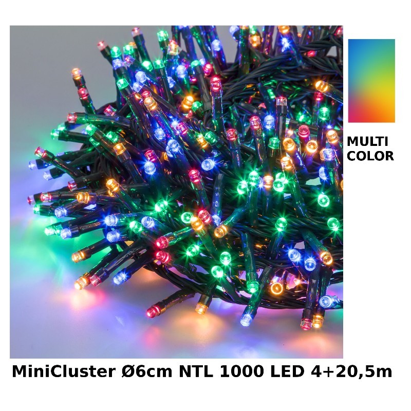 Catena Nastro Minicluster Diametro 6cm Ntl 1000 Led Multi 5mm Controller 8g Timer Trasformatore Esterno Cavo Verde 4+20,5m