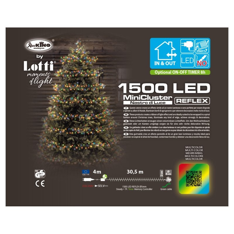 Catena Nastro Minicluster Diametro 6cm Ntl 1500 Led Multi 5mm Controller 8g Timer Trasformatore Esterno Cavo Verde 4+30,5m