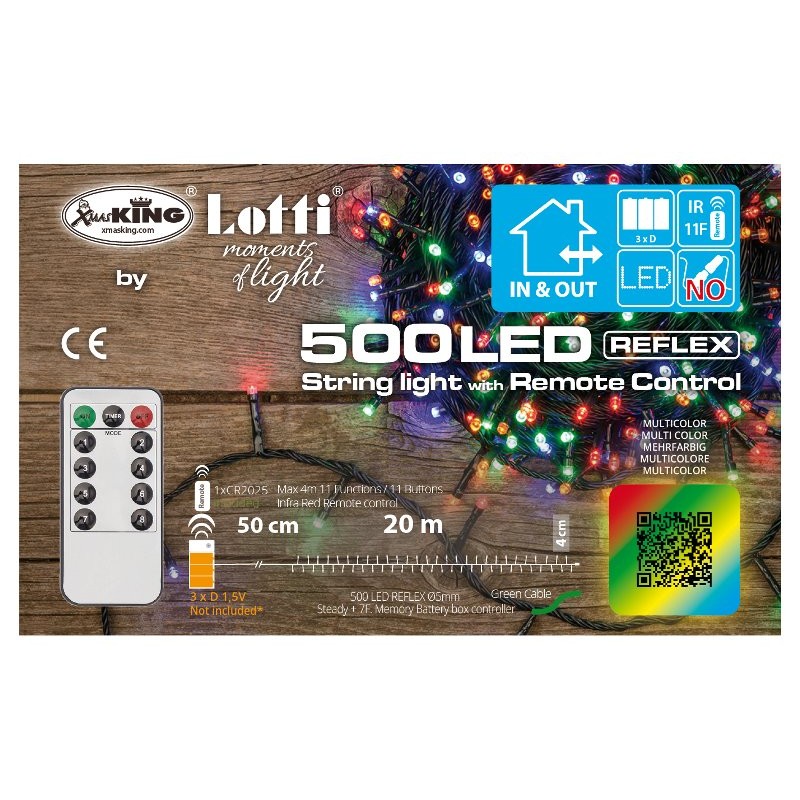 Catena Tl-Ir 500 Led Multicolor 5mm Telec. Ir 11f On-Off 8g Timer 8-16 Ore a Batteria 3xd Esterno Cavo Verde 0,5+20m di Lotti