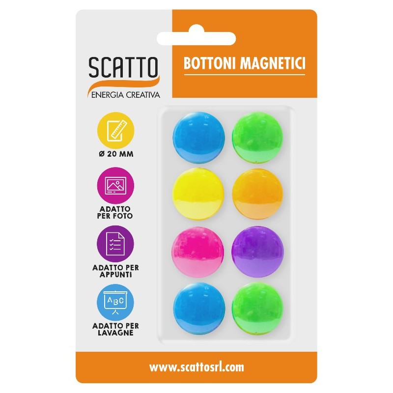 Bl. 8pz Bottoni Magnetici 2cm Col.Fluo di Scatto Srl