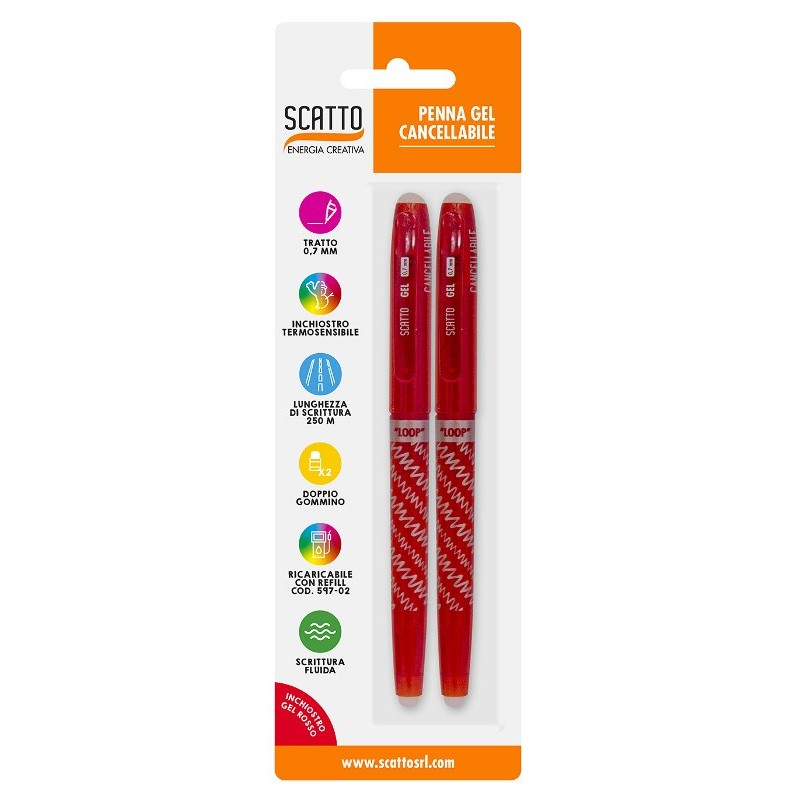 Bl. 2 Penne Gel Cancellabili 0.7mm Rosso - Ricaricabile di Scatto Srl