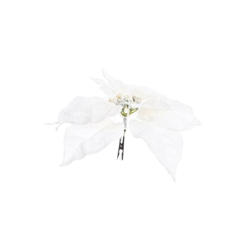 Poinsettia On Clip Polyester Glitter Fin On Edges White di Kaemingk