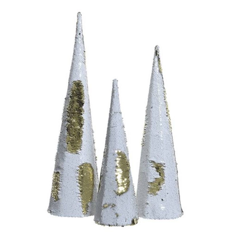 Set 3 Coni Natalizi con Paillettes Reversibili Bianco/Oro di Kaemingk