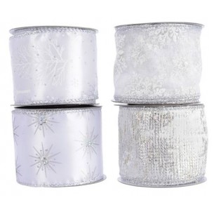 Polyester Ribbon W Wire 4ass, Colour: White/Silver, Size: 6.3x270cm di Kaemingk