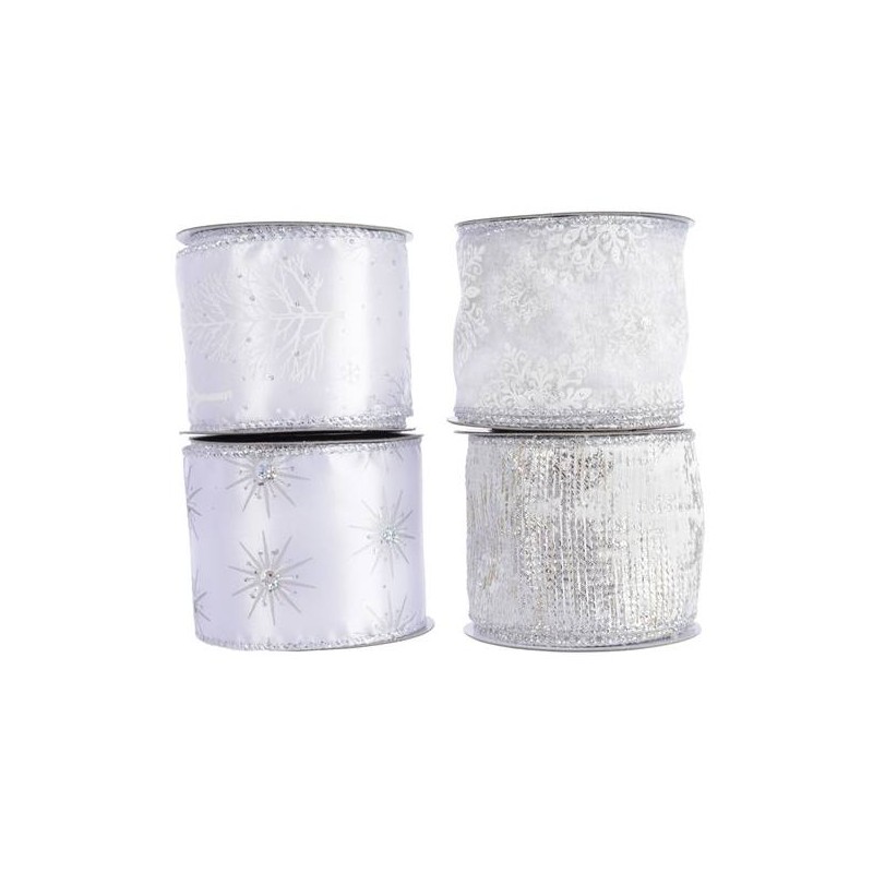 Polyester Ribbon W Wire 4ass, Colour: White/Silver, Size: 6.3x270cm di Kaemingk