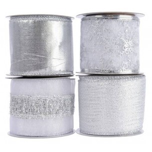 Polyester Ribbon W Wire 4ass, Colour: Silver, Size: 6.3x270cm di Kaemingk