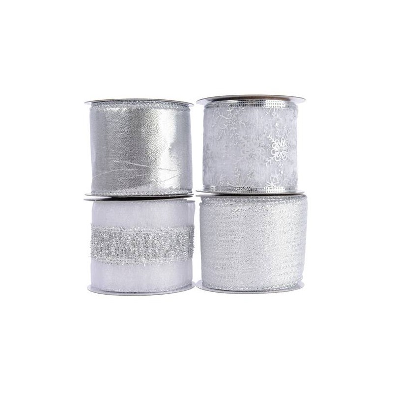 Polyester Ribbon W Wire 4ass, Colour: Silver, Size: 6.3x270cm di Kaemingk