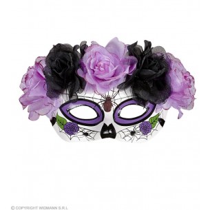 Maschera Dia De Los Muertos Decorata con Rose Viola e Nere di Widmann