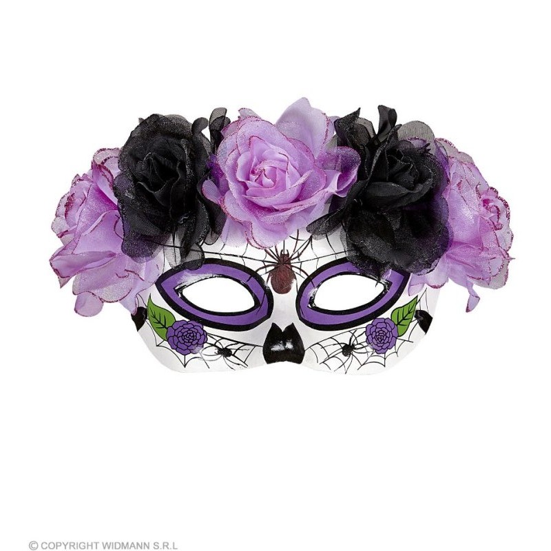 Maschera Dia De Los Muertos Decorata con Rose Viola e Nere di Widmann