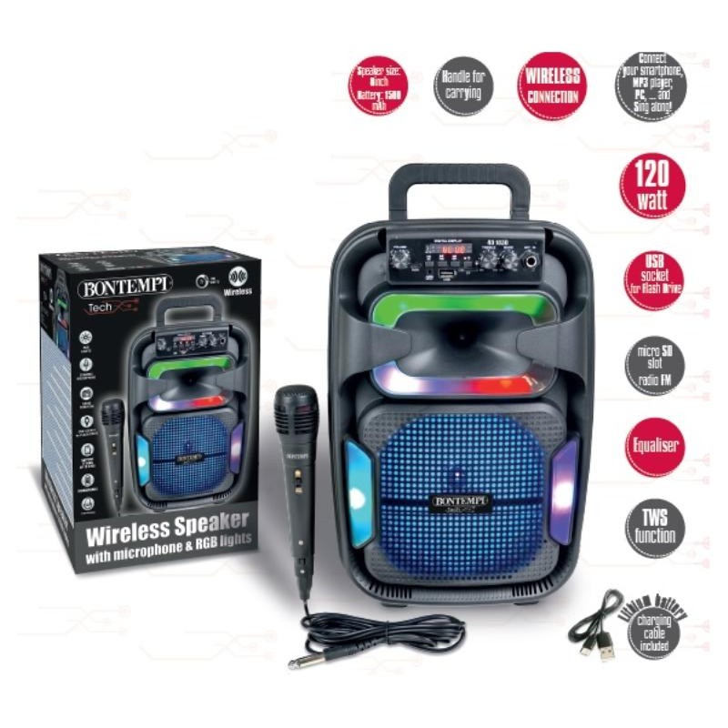 Amplificatore Wireless con Microfono Dinamico, Effetti Luminosi, Regolatore Alti e Bassi ed Effetto Eco di Bontempi