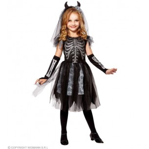 Cost.Skeledev Bride (Vestito. Guanti Senza Dita. Velo Sposa con Corna) (128 Cm / 5-7 Years) di Widmann