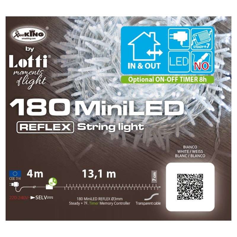Catena Xtlg 180 Miniled Bianco 3mm Controller 8g Timer Trasformatore Esterno Cavo Trasp. 4+13,1m di Lotti