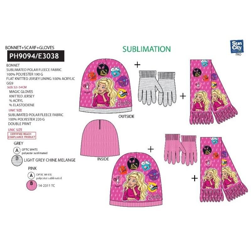 Set 3 Pcs Sciarpa+Guanti+Cappellino Barbie di Suncity